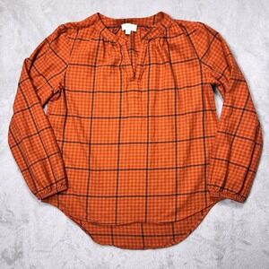 LOFT Burnt Orange Plaid Blouse Women's S Fall Core Rustic Cozy Autumn Top